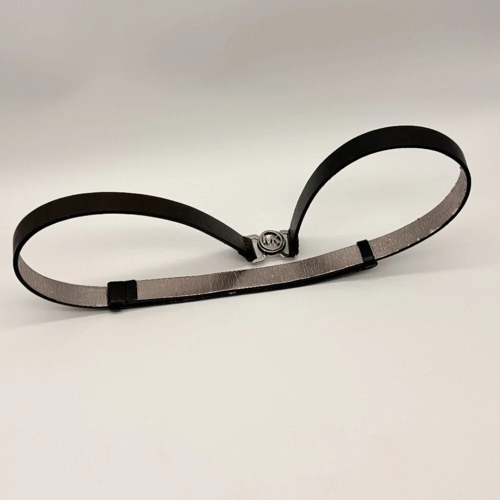 MICHAEL KORS Espresso Brown Genuine Leather Belt - XL - Silver MK Logo Buckle